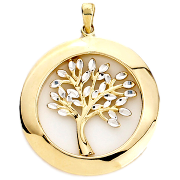 Anhänger 'Lebensbaum' rund, diamantiert, rhodiniert 25mm Gelbgold 750