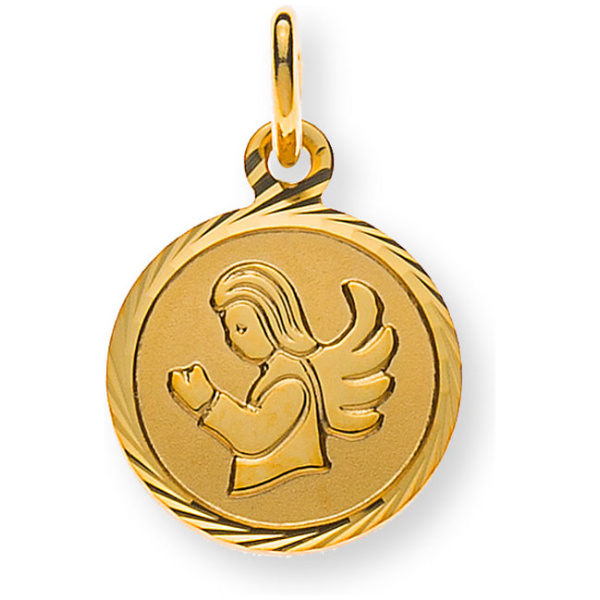 Medaille Engel Gelbgold 750 10mm gesandelt mit Fantasieschliff-Rand