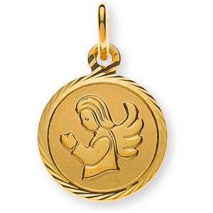 Medaille Engel Gelbgold 750 12mm gesandelt mit Fantasieschliff-Rand