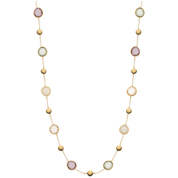 Collier Gelbgold 750, 45cm mit grünem & lila Amethyst, Rosenquartz & weissem