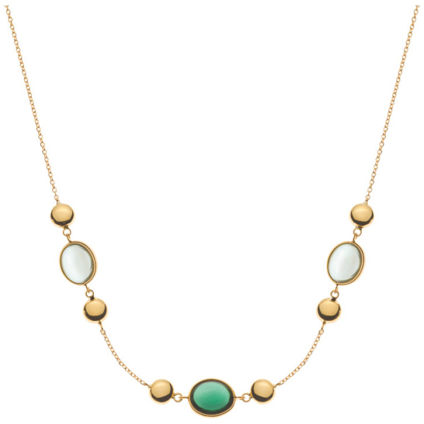 Collier Gelbgold 750, 45cm mit 2 grünen ovalen Amethysten & 1 Turmalin Cabochon