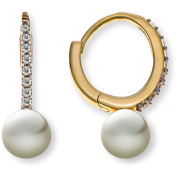 Kreolen Gelbgold 375 poliert mit total 2 Perlen und 18 Zirkonia weiss 20x13mm